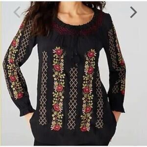J. Jill Women's black Red S blouse top Floral Embroidery peasant long sleeves